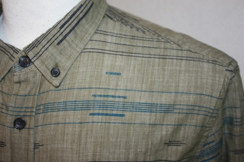 prAna Sz L Organic Cotton Long Sleeve Green Button Down Shirt Geometric Stripes - Picture 3 of 6