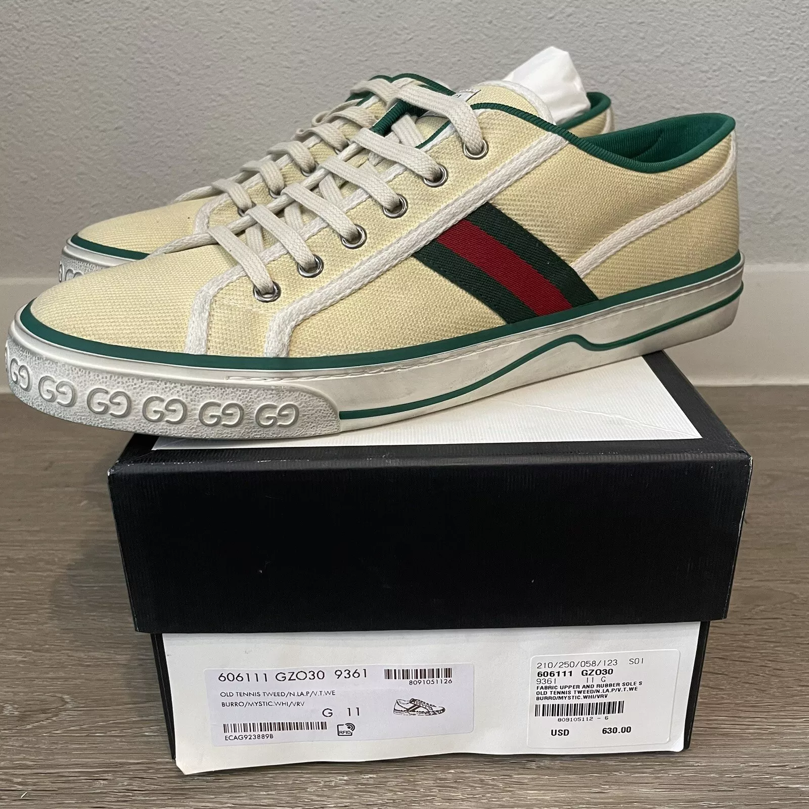 Baskets Gucci 1977 tennis homme 11 G toile blanc cassé rétro vintage rayures
