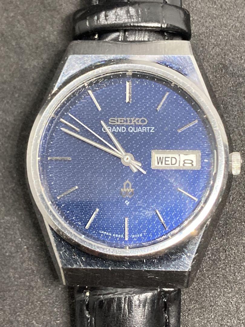 Seiko Grand Quartz 4843-8050 Blue Dial Black Men's Watch 1976