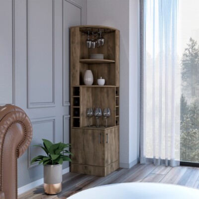 Corner Bar Cabinet Cupboards Eight Bottle Cubbies, Double Door, Two Open Shelves
