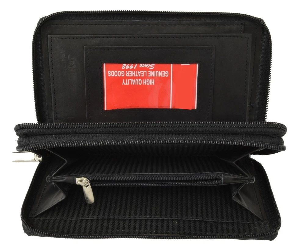 Black Genuine Leather Woman Checkbook Clutch Wallet 2 Zip Organizer - Image 4 of 4