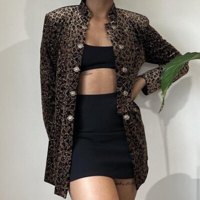JBS Ltd Velvet Embroidered Top/Jacket/Blazer Mandarin Collar Cheetah sz Medium