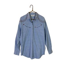 Vintage Mens Light Blue Denim Western Embroidery Button Front Shirt Size Large