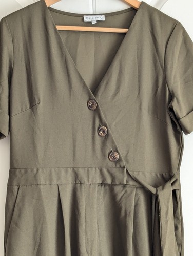 Warehouse Size 14 Khaki Tie Waist Cropped Wide Leg Jumpsuit - Picture 2 of 5