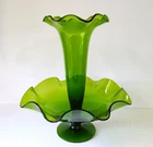 Blenko Glass Green Single Horn Epergne #952 Vase Footed Bowl 12 5/8" Vintage