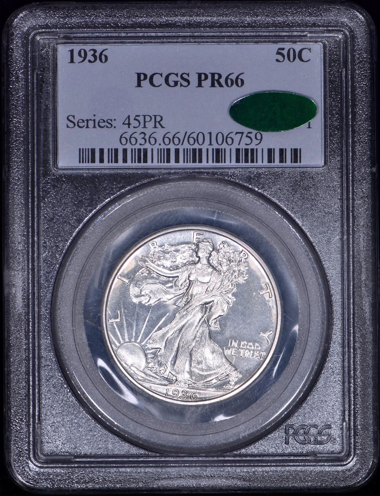 1936 Proof Walking Liberty Half Dollar 50c PCGS PR66 CAC - Clean Coin!