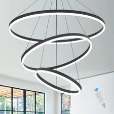 3-Rings D31.5’’ Modern LED Chandelier Black, Dimmable Pendant Lighting with R...