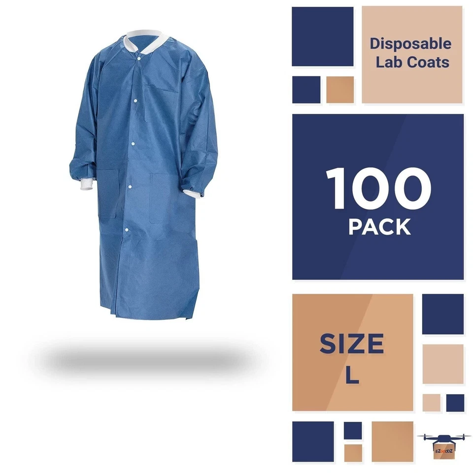 Disposable Lab Coats 39" Long 100ct Blue Adult Work Gowns Large SMS 40 gsm PPE - Image 2 of 4