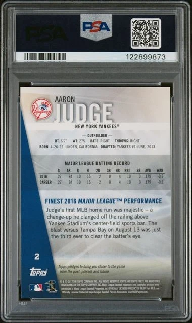 2017 Topps Finest Baseball Aaron Judge Refractor Rookie Yankees #2 PSA 10 - Image 2 of 2