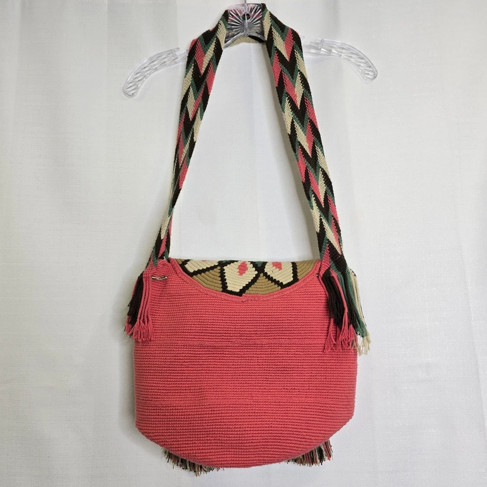 Wayuu Mochila Hobo Crossbody Unique Multicolor Colombia Handmade Woven Pink  - Image 2 of 4