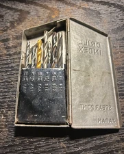 Vintage Drill Index Case w/ 13 Drill Bits 1/16" to 5/32" and 1/4" to 11/64"