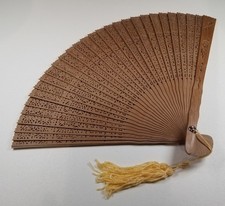 Fan, Wooden Folding Hand Fan w/Tassels, Carved Sandalwood
