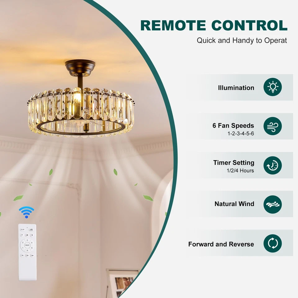 Ventilador de teto enjaulado preto 19,7 polegadas com luz, lustre de cristal redondo de luxo... - Imagem 2 de 4
