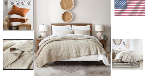 100% Cotton King Size Quilt in Beige with Matching Pillow Shams - All Seasons - Picture 2 of 8