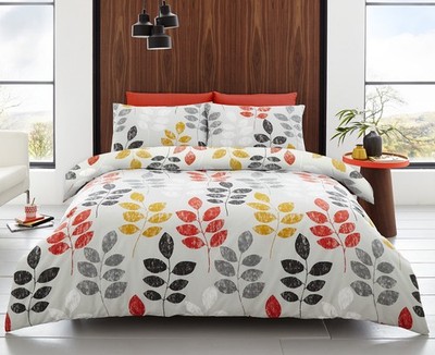 Retro Blatt Grau Orange Bettbezug Poly Baumwolle Quilt Bettwäsche Bettwäsche Set King