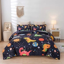 Dinosaur astronaut space Dinos TWIN comforter pillow set boys EUC black side