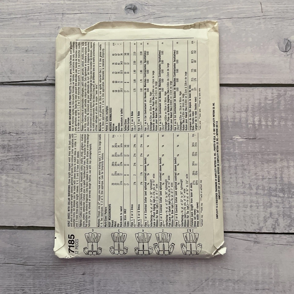 Simplicity 7185 Sewing Pattern Dress Collar Sleeve Options Girls 7-14 UNCUT - Image 2 of 4