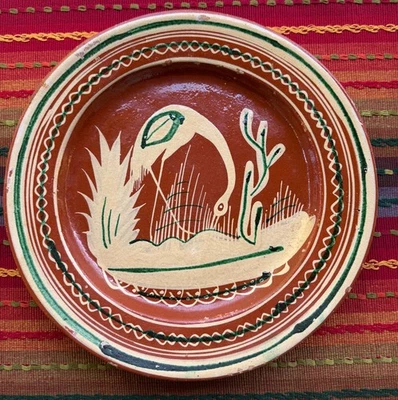 Vintage Mexican Bandera Tlaquepaque Tonala egret bird plate 11 1/4" diam. - Image 1 of 3