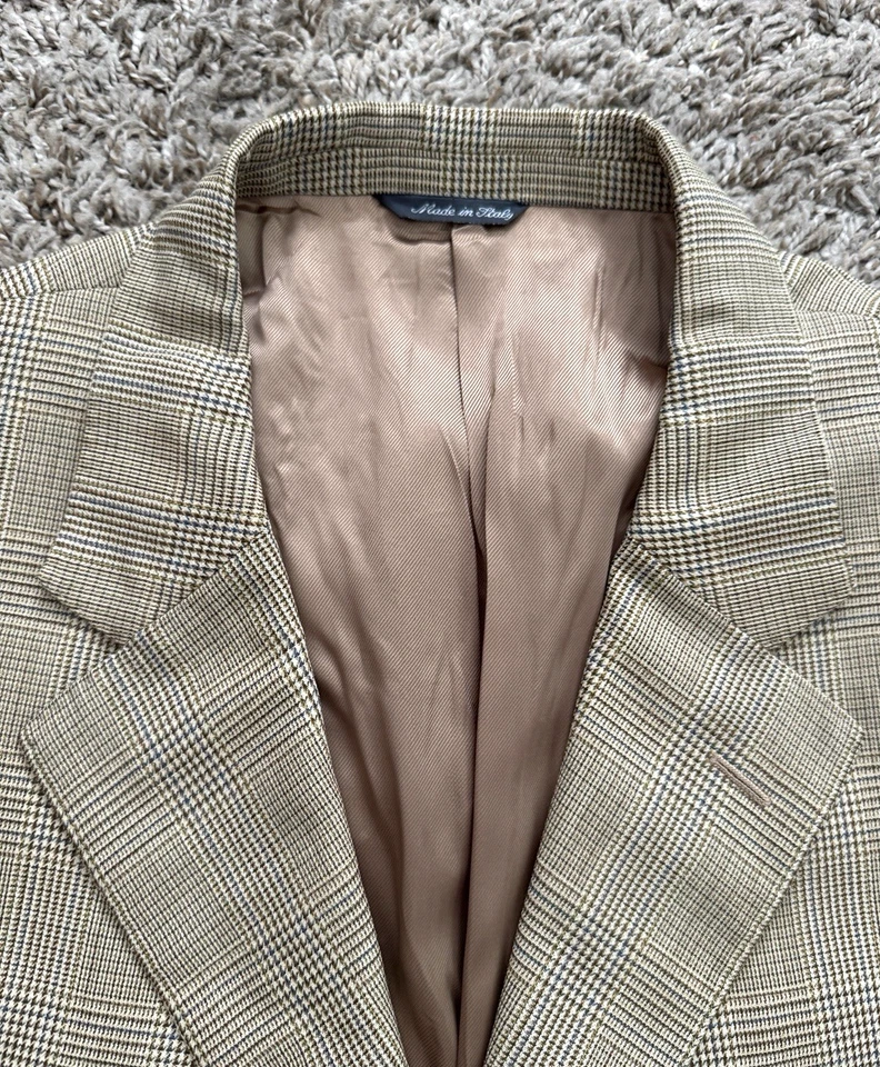 Traje Chaqueta Abrigo Hombre Gian Luca Isaia Napoli 48L Largo Beige/Bronceado Cuadros 3 Botones Foto 4 de 4