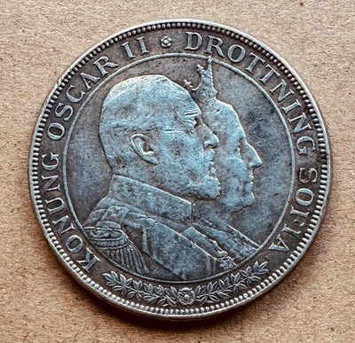 SWEDEN, Oscar II, 2 Kronor 1907, Golden Wedding Anniversary