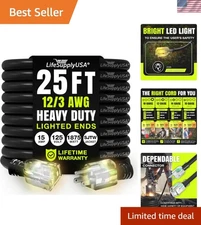 25ft Outdoor/Indoor Extension Cord 12/3 Gauge Extra Heavy Duty 3 Prong SJTW, ...