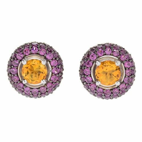 Meher's Jewelry London Citrine & Rhodolite Gemstone Stud with Jackets Earrings - Picture 2 of 3