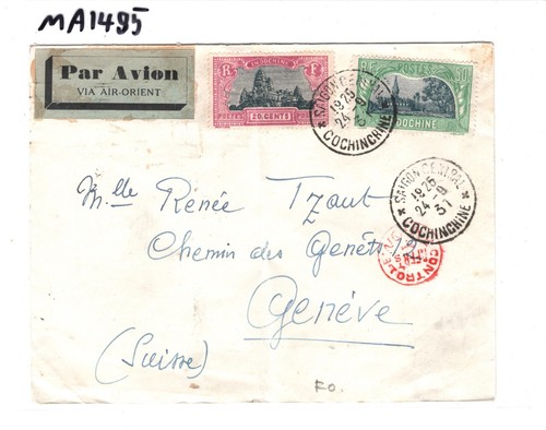 INDOCHINA 1937 Cover Saigon *AIR ORIENT* Controle/Avion RED CACHET Geneva MA1495 - Picture 6 of 9