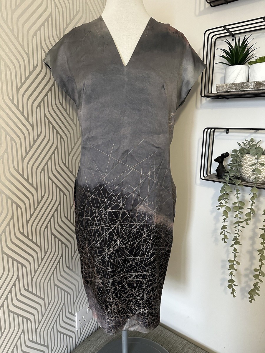 Jigsaw Constance Storm Grey Metallic Graphic Print Silk Dress Size 8 | eBay  UK