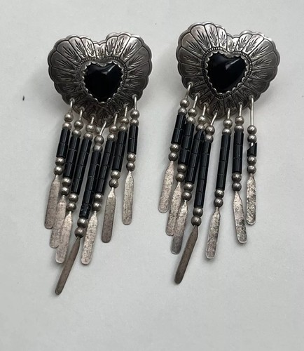 Native American Heart Shaped Onyx QT Sterling QUAC (New Mexico) Dangle Earrings