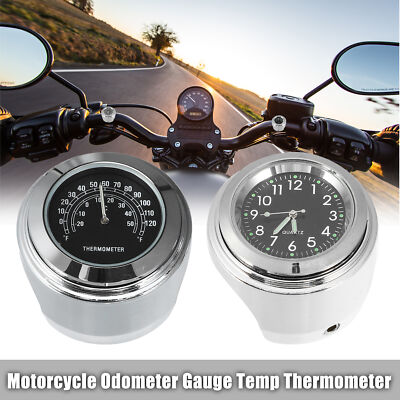 1 Set Black Motorcycle Handlebar Mount Clock Dial Clock and Temp Thermometer