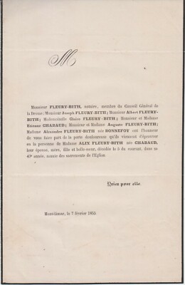1855 Sterbeurkunde Frau Jean-Joseph FLEURY-BITH geboren Alix CHABAUD - Montélimar.
