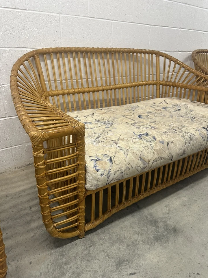 Sofá de bambú de ratán Henry Olko de 3 piezas raro, C.1978 como está. Set MCM Retro Foto 4 de 4