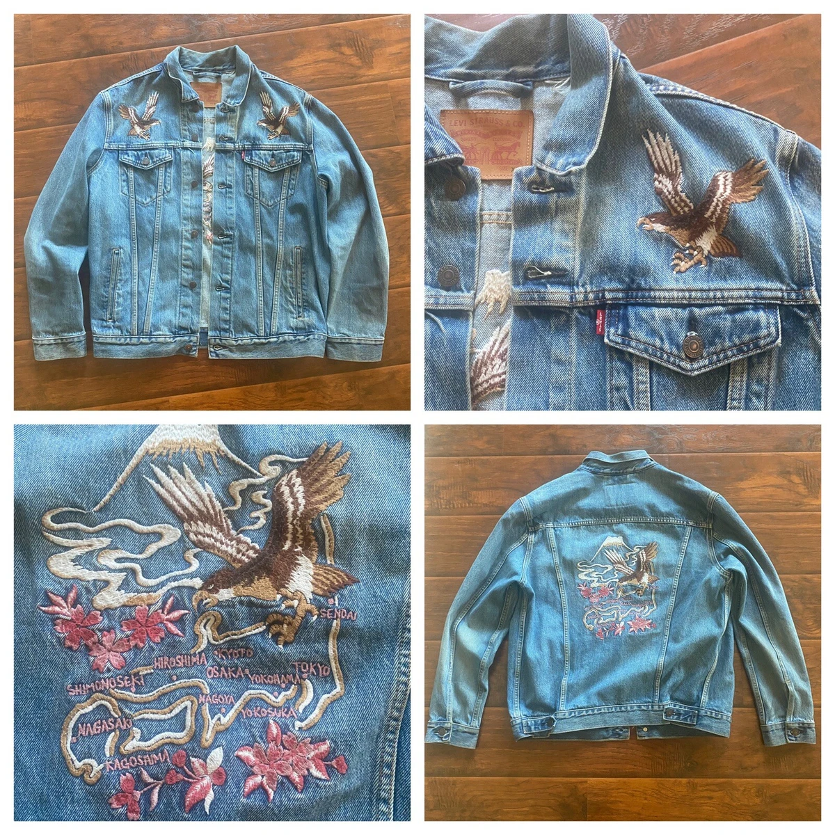 levis japan patch jacket tokyo kyoto denim trucker xl eagle rare patchwork