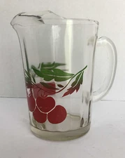 Beautiful Vintage Small Juice Pitcher with Apples or Cherries Clear Glass