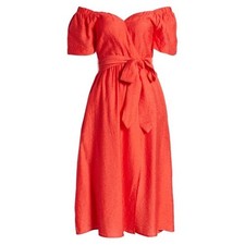 NWOT Vici Red Off Shoulder Embossed Print Faux Wrap Midi Dress • Size XS