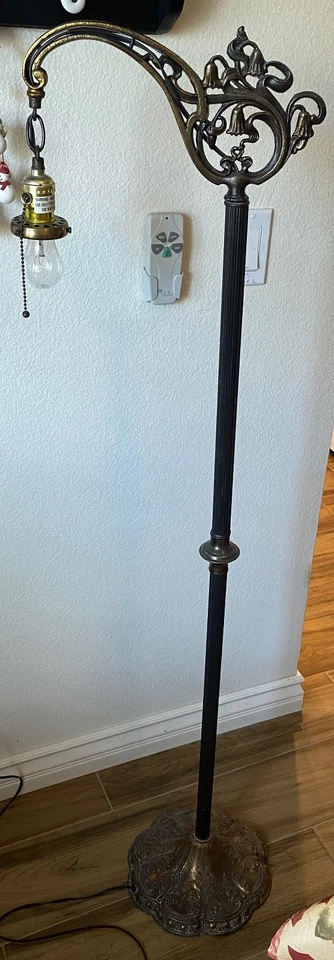 Antique Victorian Art Nouveau Gothic Brass Wrought Iron BridgeArm Floor Lamp - Image 3 of 4