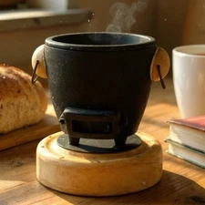 VTG Cast Iron Hibachi, Tabletop Charcoal Grill Japan Wooden Stand 4.5” X 4”