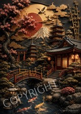 Photo A4 Jardin Japonais Mont Fuji Pagode Relief 3D Art Zen Déco Premium