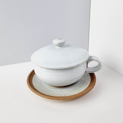 Yeoju White Ceramic Lidded Korean Herbal Teacup with Saucer 300ml
