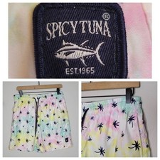 SPICY TUNA Men's Swim Trunks Palm Tree Tie Dye Elastic Waist Drawstring Medium