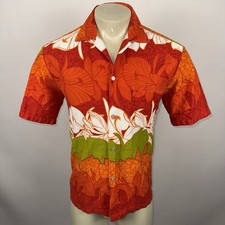 Vtg 60s Barkcloth Hawaiian Shirt Loop Collar Floral Hippy Disco USA Mens Medium