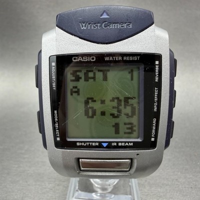Casio Wrist Camera Watch Men 40mm LCD Dial Silver Blue Rectangle WQV-1 New Batt