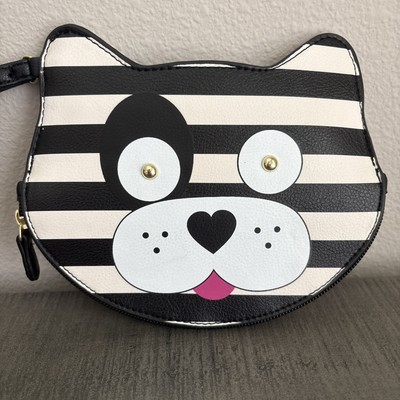 Luv Betsey Johnson Puppy Dog Wristlet Coin Purse Black & White Faux Leather