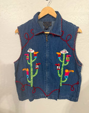 Life Style Women s Western Embroidered Cactus Zip Sleeveless Blue Vest Size L