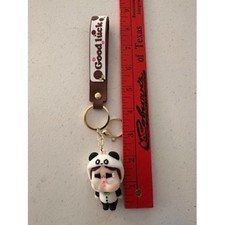Panda Crying Girl Figurine Keychain Good Luck Wristlet Strap Bag Charm Gold Tone