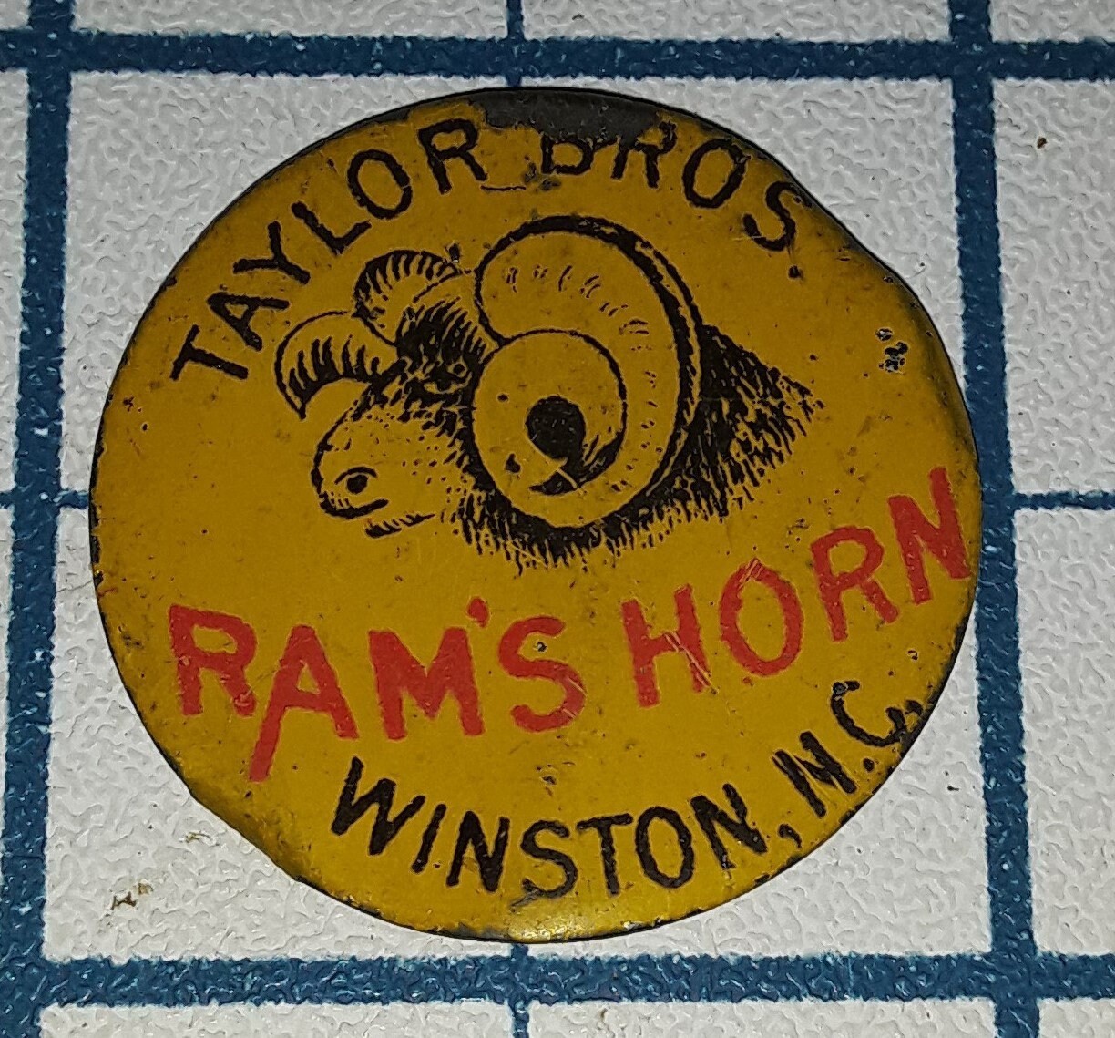 c1900 RAMS HORN Sun Cured Tin Tobacco Tag with Tabs - Taylor Bros Winston N.C.