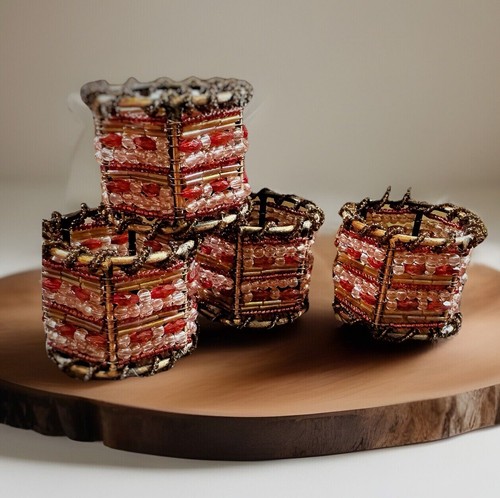 Set of 4 PIER 1 Napkin Rings 2” Red Moroccan Glass Bead Wired Bohemian Holders - Picture 2 of 13