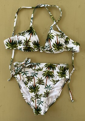 Xhilaration M Junior's Bikini Top & Bottom String White Tropical Palm Tree Suit