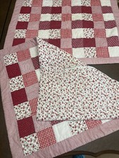 Vtg 2 Large Pillowcase Patchwork Quilted Floral Red White Holiday Polcadots Rare
