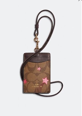 NWT COACH C7678 ID Lanyard In Canvas With Disco Star Badge Holder Gold/Khaki $78